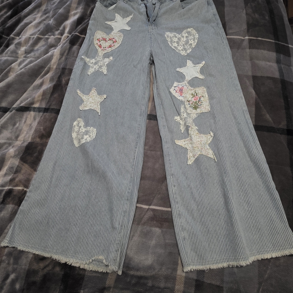 POL Blue Striped Wide Leg Pants with Heart and Star Patches
